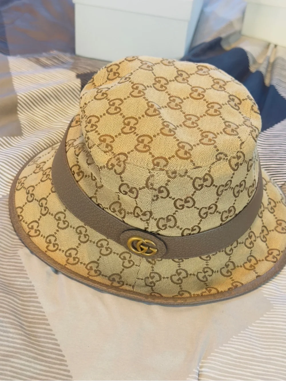 Gucci Beige GG Monogram Bucket Hat with Taupe Band and Gold Logo